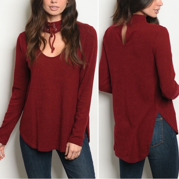 Trend Setter Diva Boutique item Tops - LAST 1! SMALL! RED WINE CHOKER RIBBED KNIT TOP